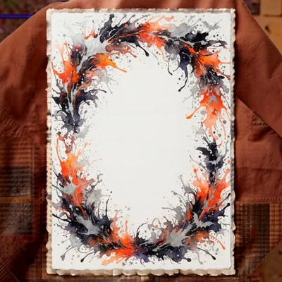Abstract Watercolor Wreath With Orange Black And Silver Splatters