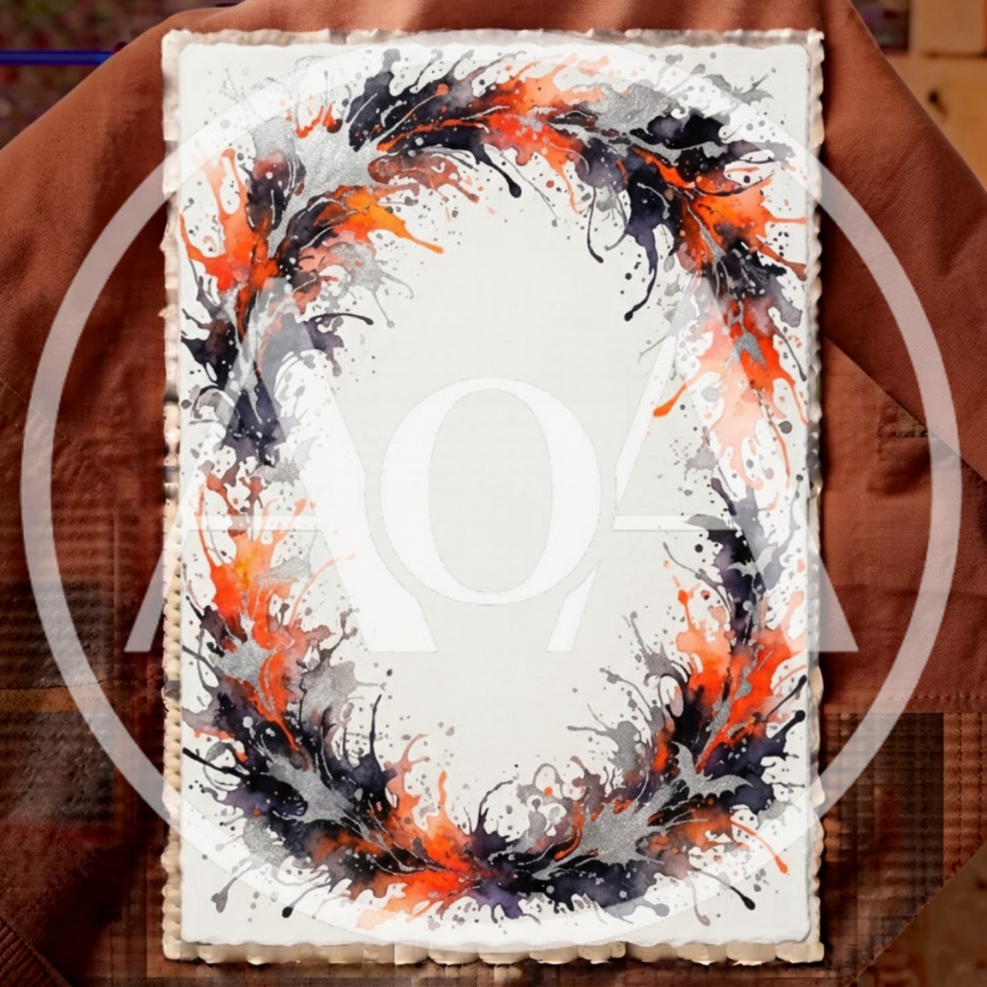 Abstract Watercolor Wreath With Orange Black And Silver Splatters