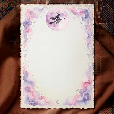 Watercolor Witch Flying Past Full Moon Stationery Border