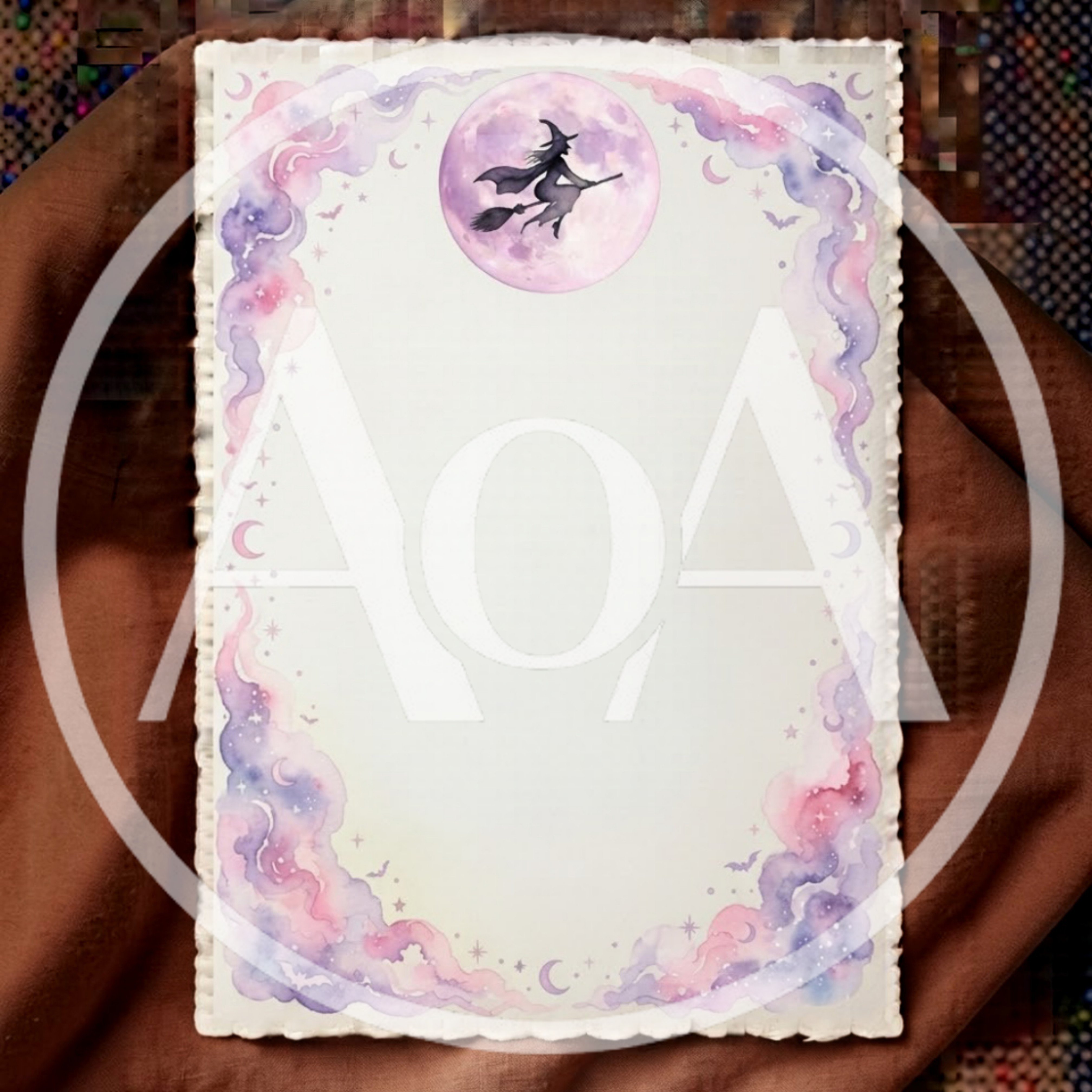 Watercolor Witch Flying Past Full Moon Stationery Border