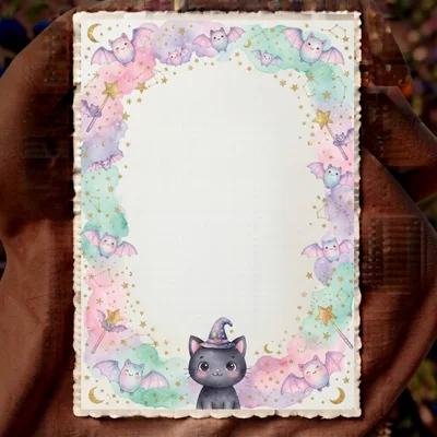 Cute Halloween Stationery With Watercolor Bats And Cat