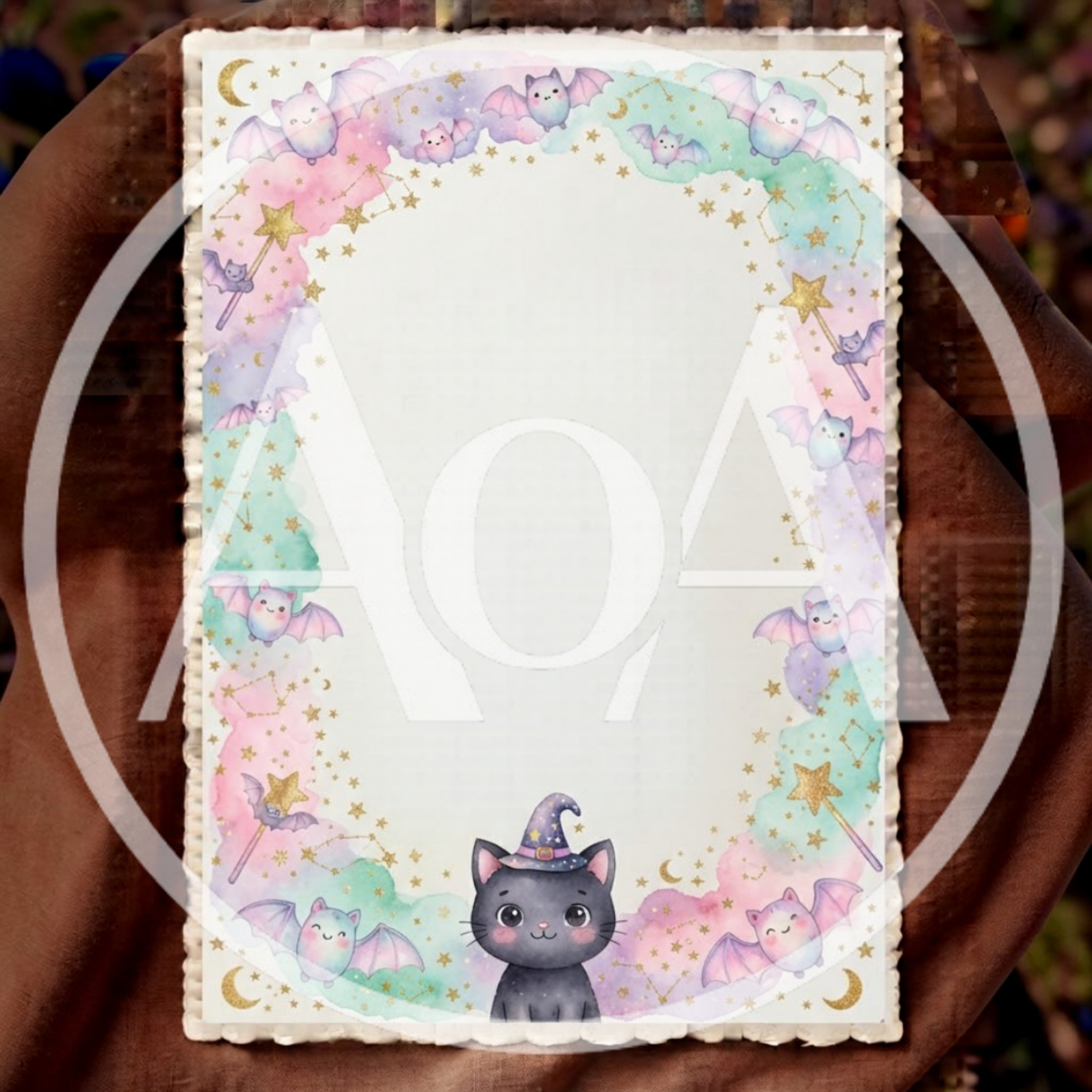 Cute Halloween Stationery With Watercolor Bats And Cat
