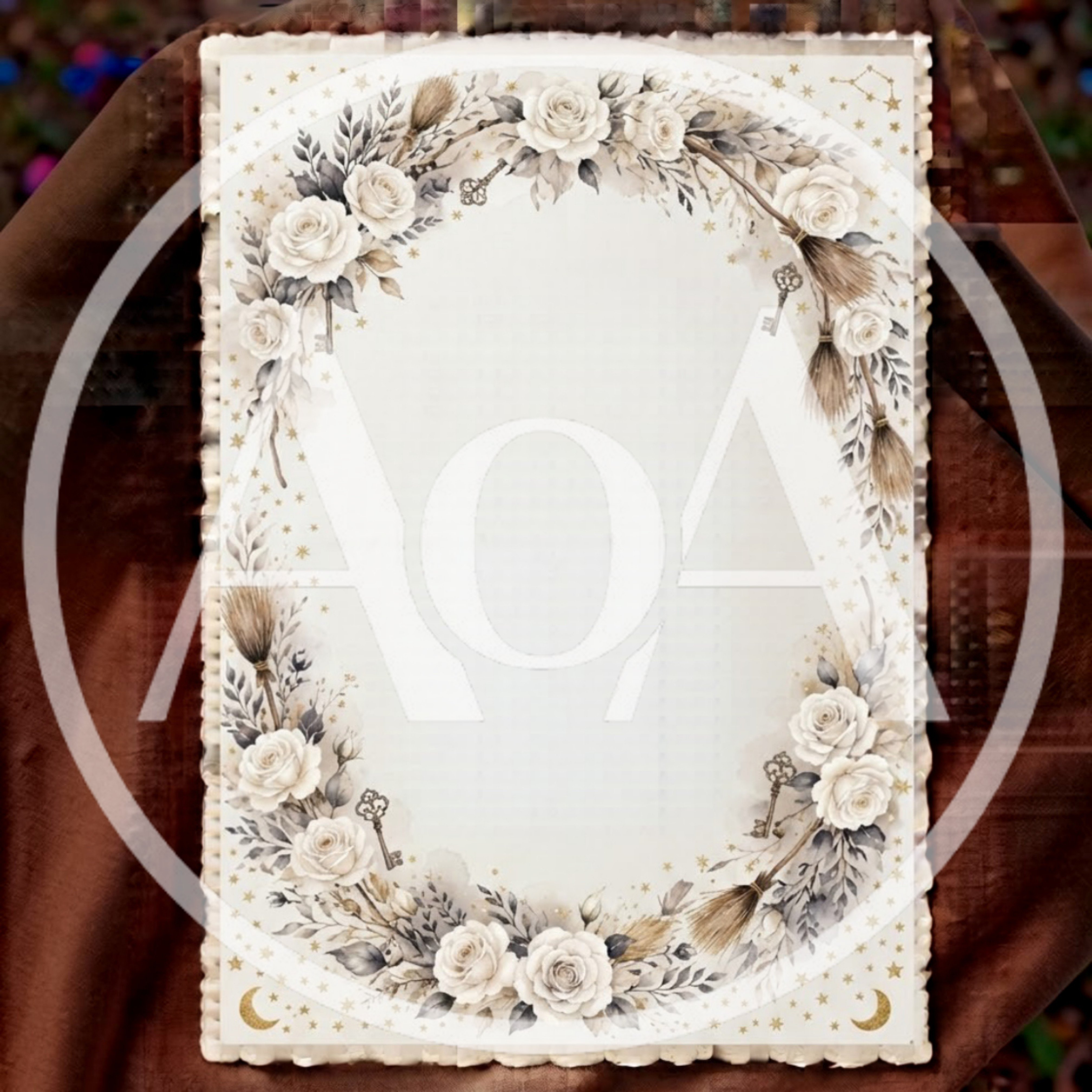 Vintage Floral Stationery Border With Roses And Keys