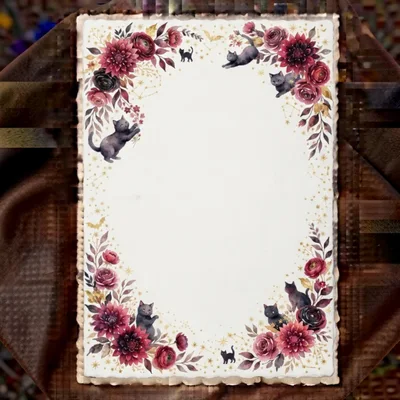 Watercolor Floral Border With Black Cats And Stars