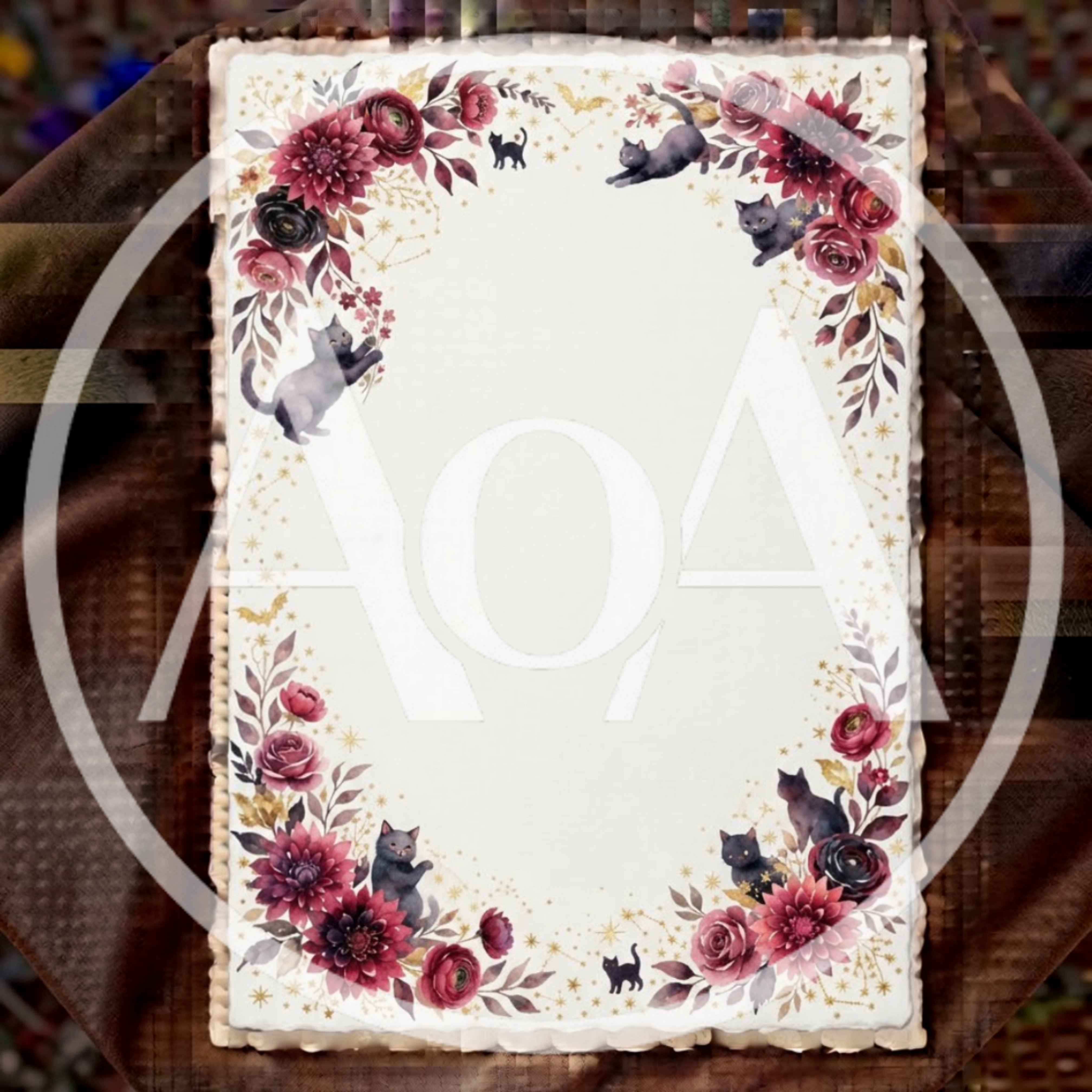 Watercolor Floral Border With Black Cats And Stars