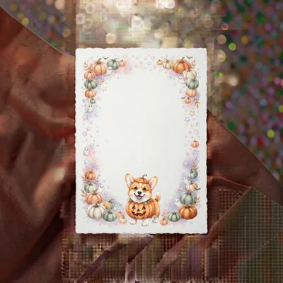 Cute Corgi Puppy In Pumpkin Halloween Stationery Border