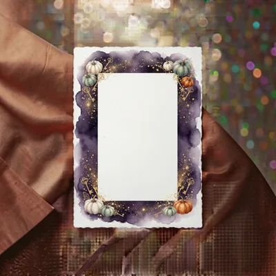 Watercolor Halloween Frame With Pumpkins And Golden Keys