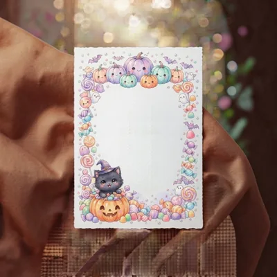 Cute Halloween Stationery With Black Cat And Pumpkins
