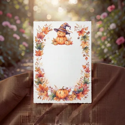 Autumn Stationery With Cute Pumpkins And Fall Leaves