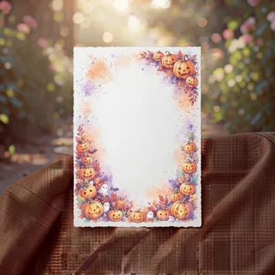 Watercolor Halloween Stationery Card With Pumpkin Border