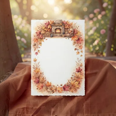 Autumn Themed Stationery Paper With Fireplace Illustration