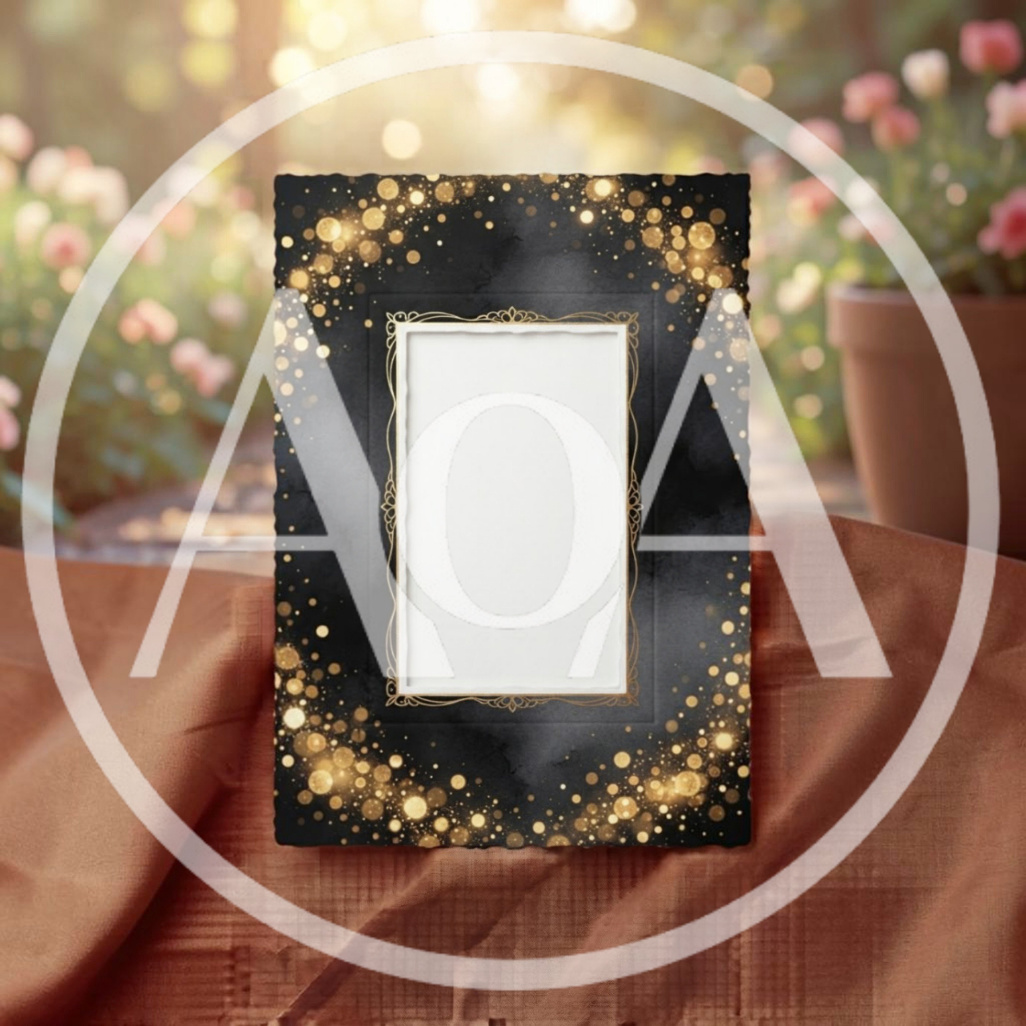 Blank Decorative Picture Frame With Gold Bokeh Background