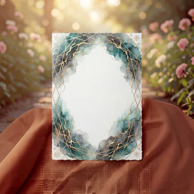 Blank Decorative Card With Watercolor And Gold Geometric Frame
