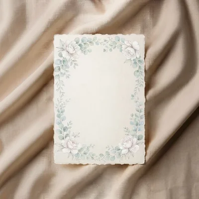 Blank Floral Invitation Card On Beige Silk Fabric