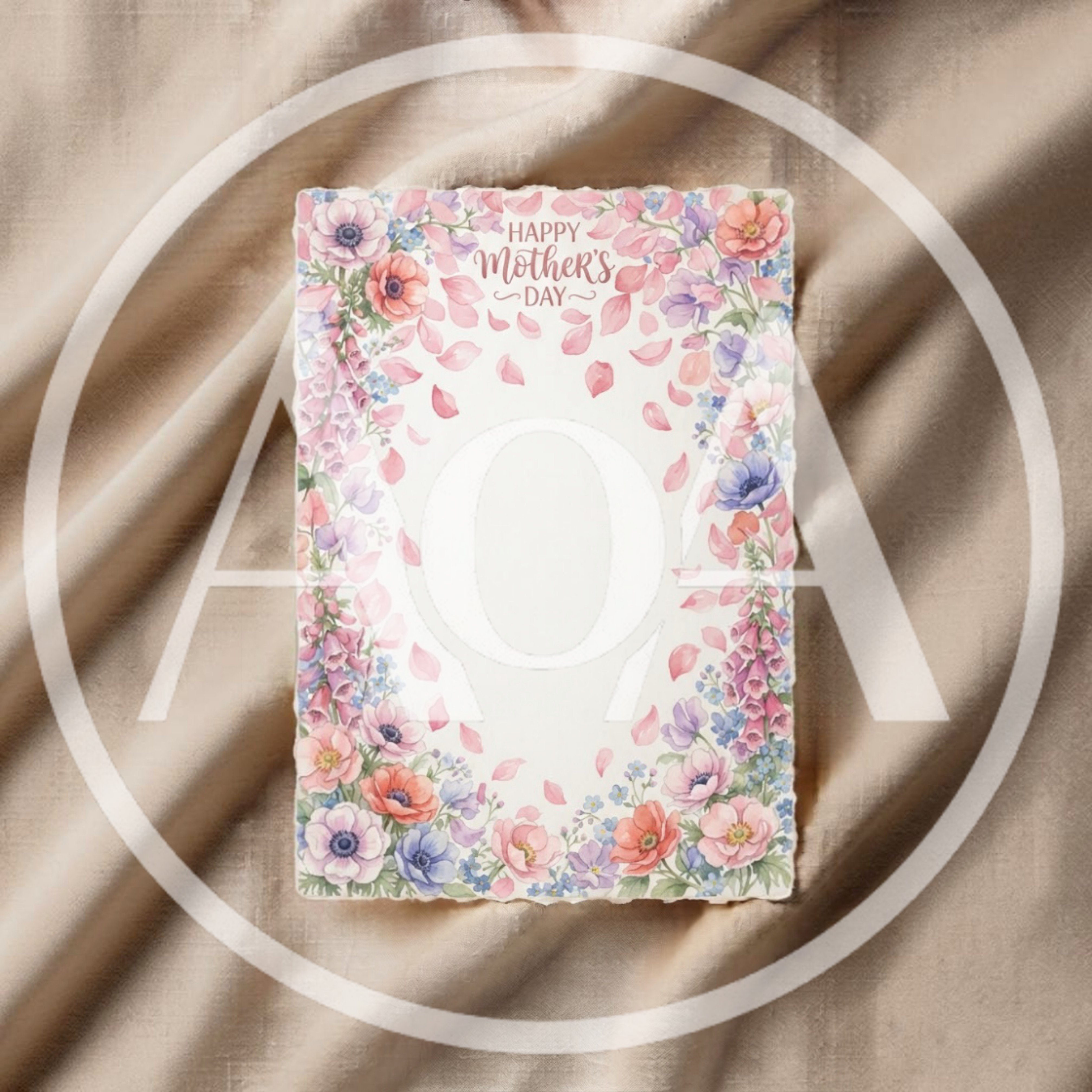Watercolor Mother's Day Greeting Card on Fabric Background