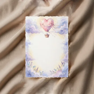 Watercolor Valentine's Day Stationery With Heart Hot Air Balloon