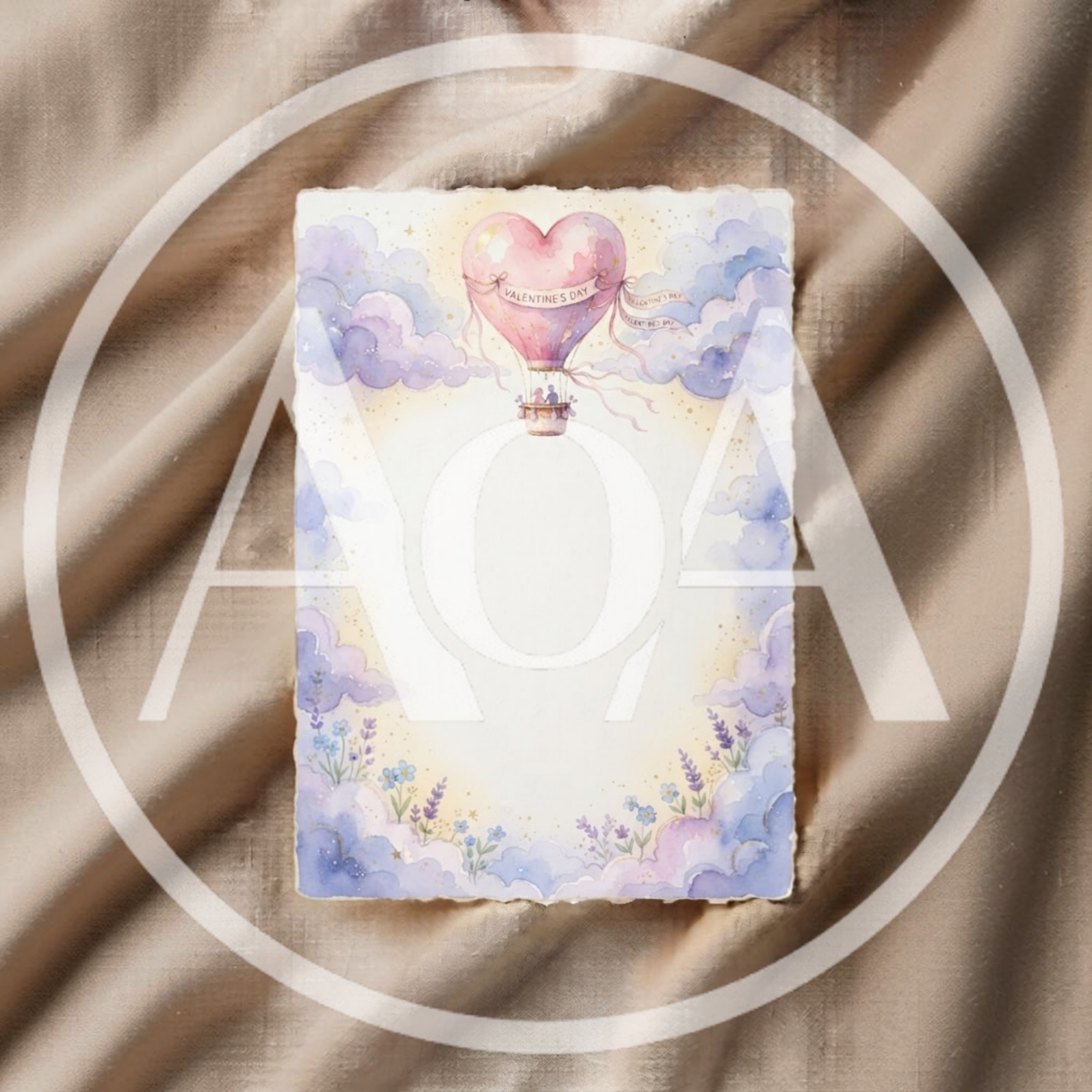 Watercolor Valentine's Day Stationery With Heart Hot Air Balloon