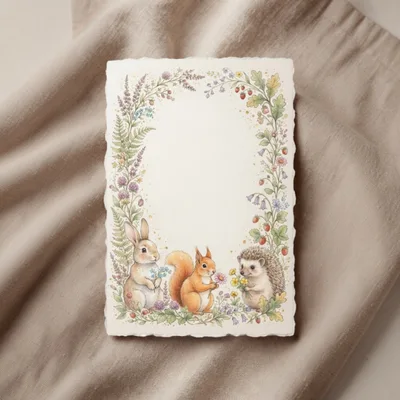 Watercolor Illustration of Woodland Animals with Floral Border