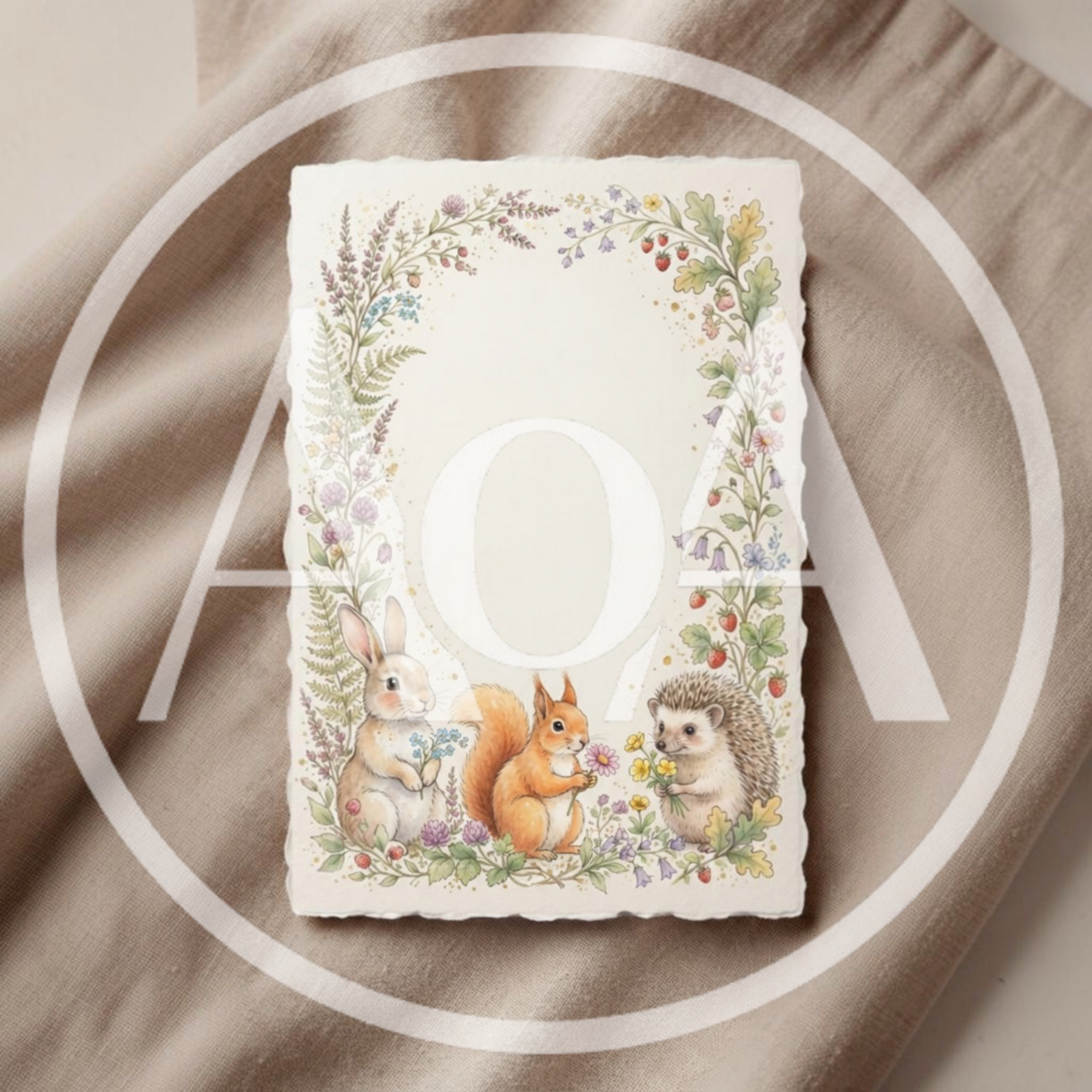 Watercolor Illustration of Woodland Animals with Floral Border