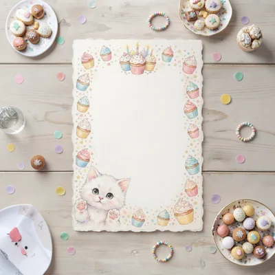 Cute Kitten Illustration With Cupcake Border On Wooden Table