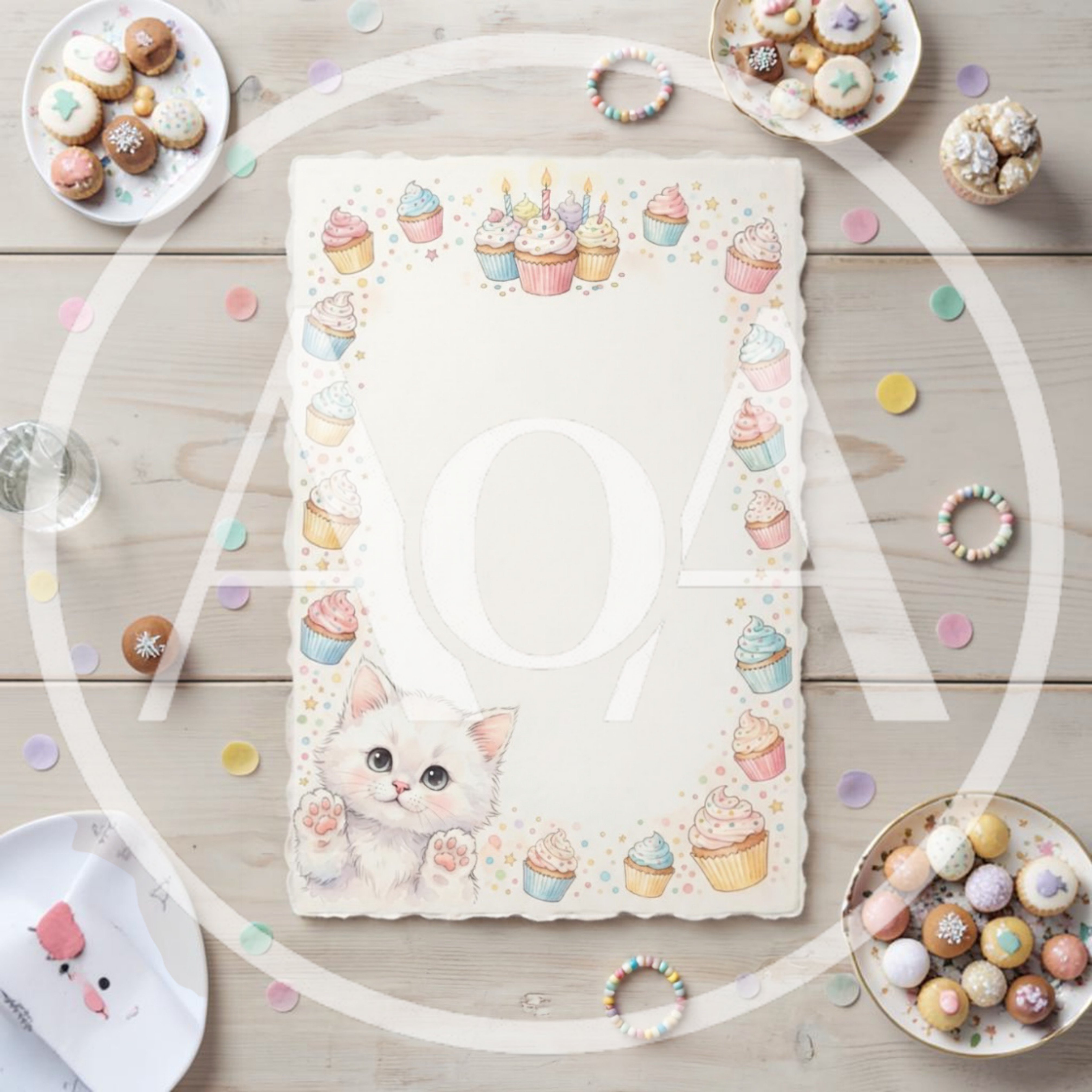 Cute Kitten Illustration With Cupcake Border On Wooden Table