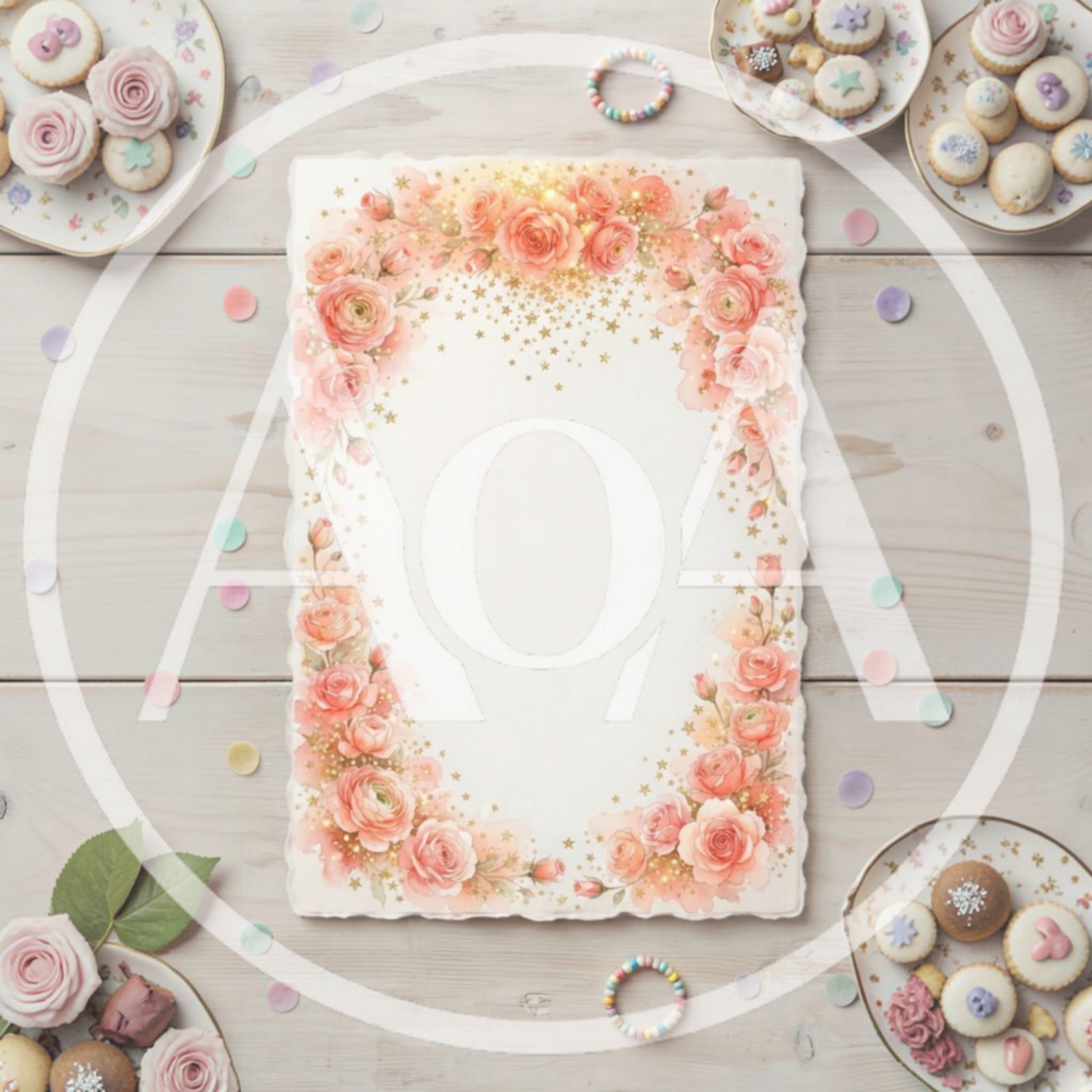 Floral Border Invitation Card With Cookies And Confetti