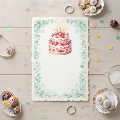 Birthday Cake Illustration on Decorative Stationery