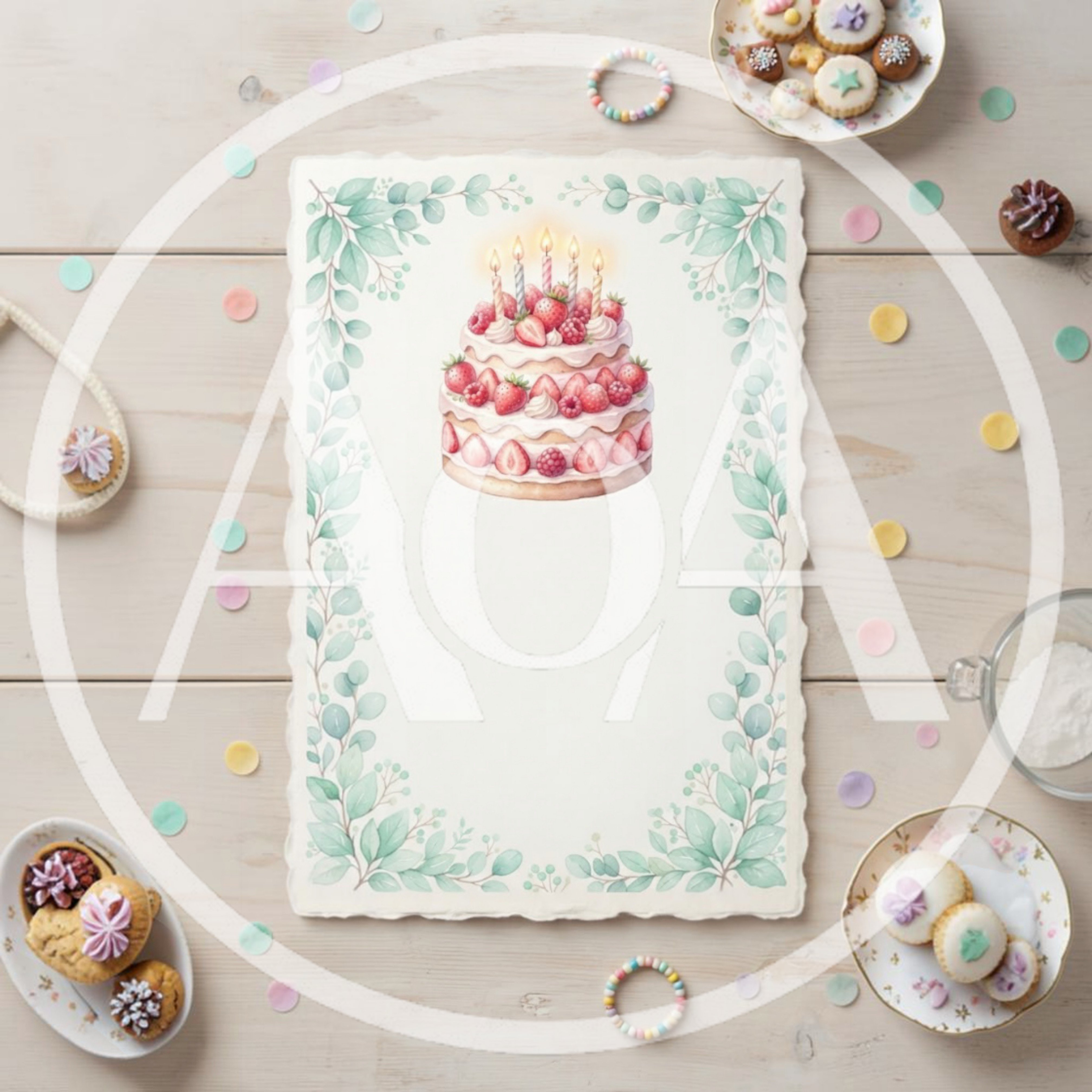 Birthday Cake Illustration on Decorative Stationery