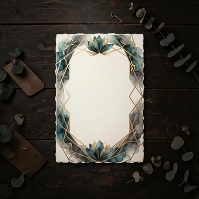Watercolor Lotus Frame With Gold Geometric Lines