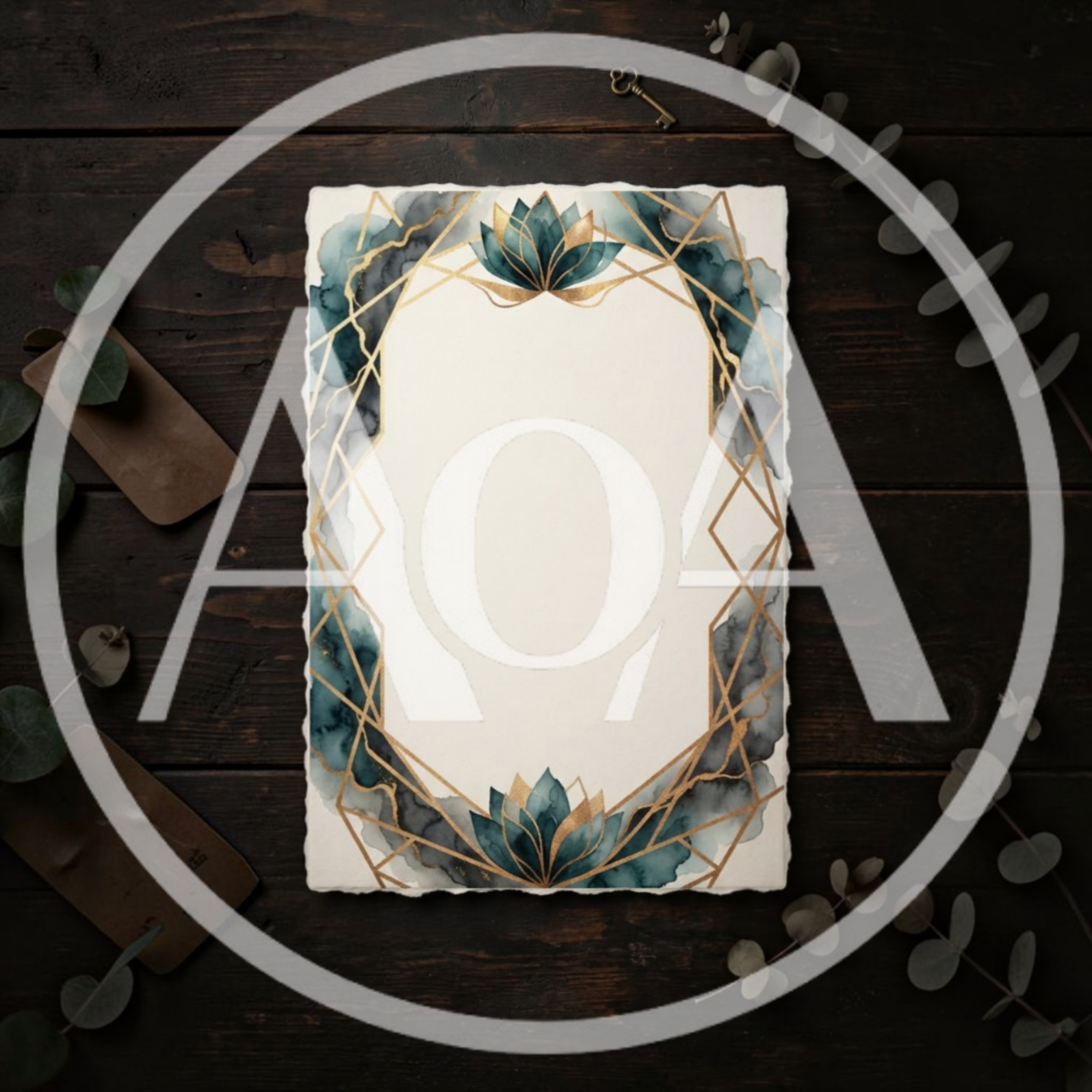 Watercolor Lotus Frame With Gold Geometric Lines