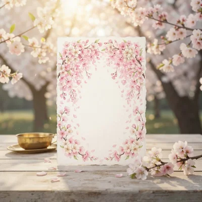 Blank Paper Card Decorated With Cherry Blossoms