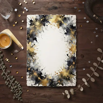 Blank Watercolor Paper With Gold And Black Splatter