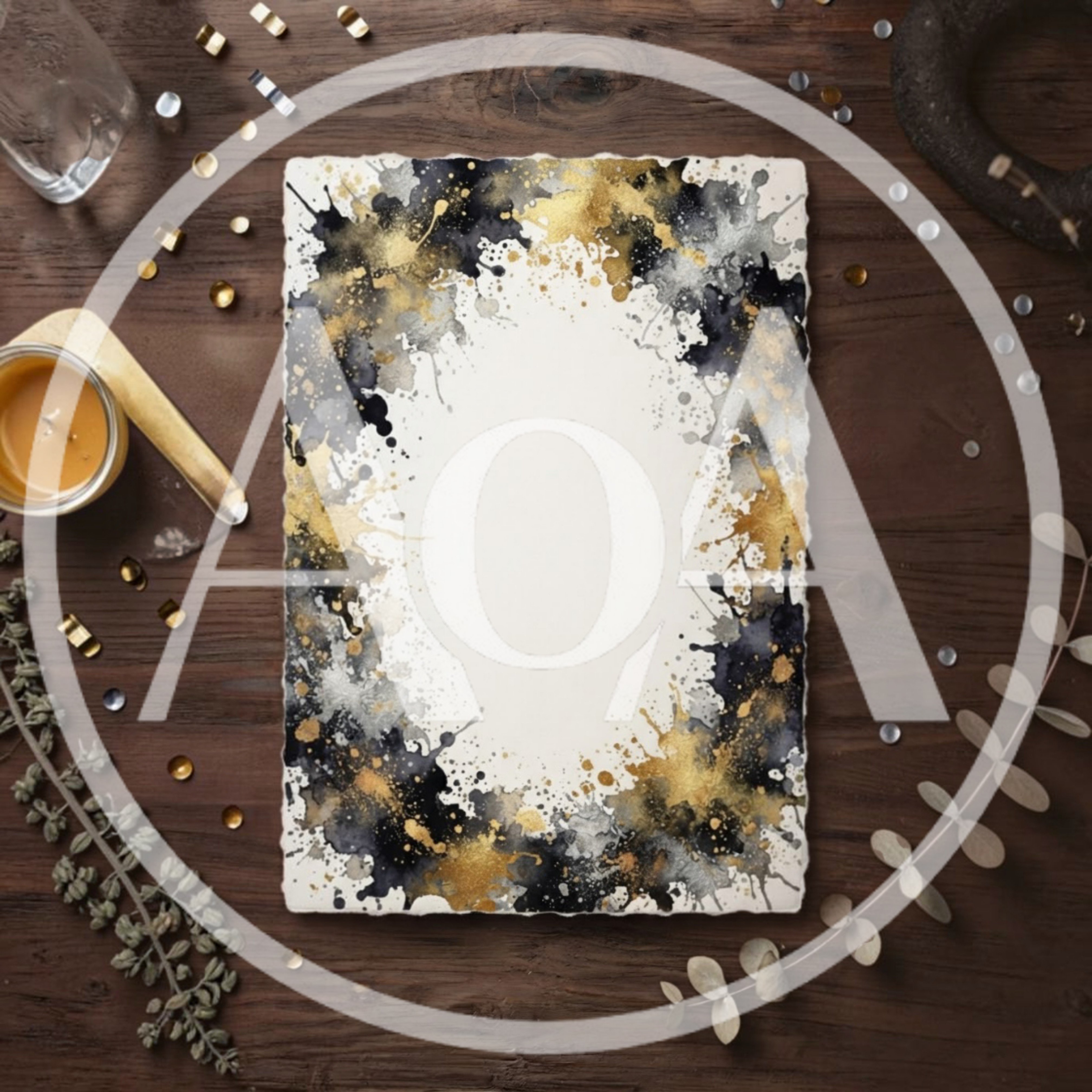 Blank Watercolor Paper With Gold And Black Splatter