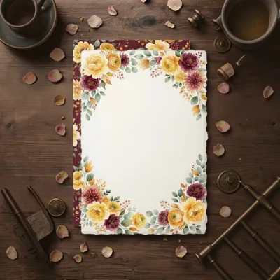Floral Stationery Mockup On Rustic Wooden Table