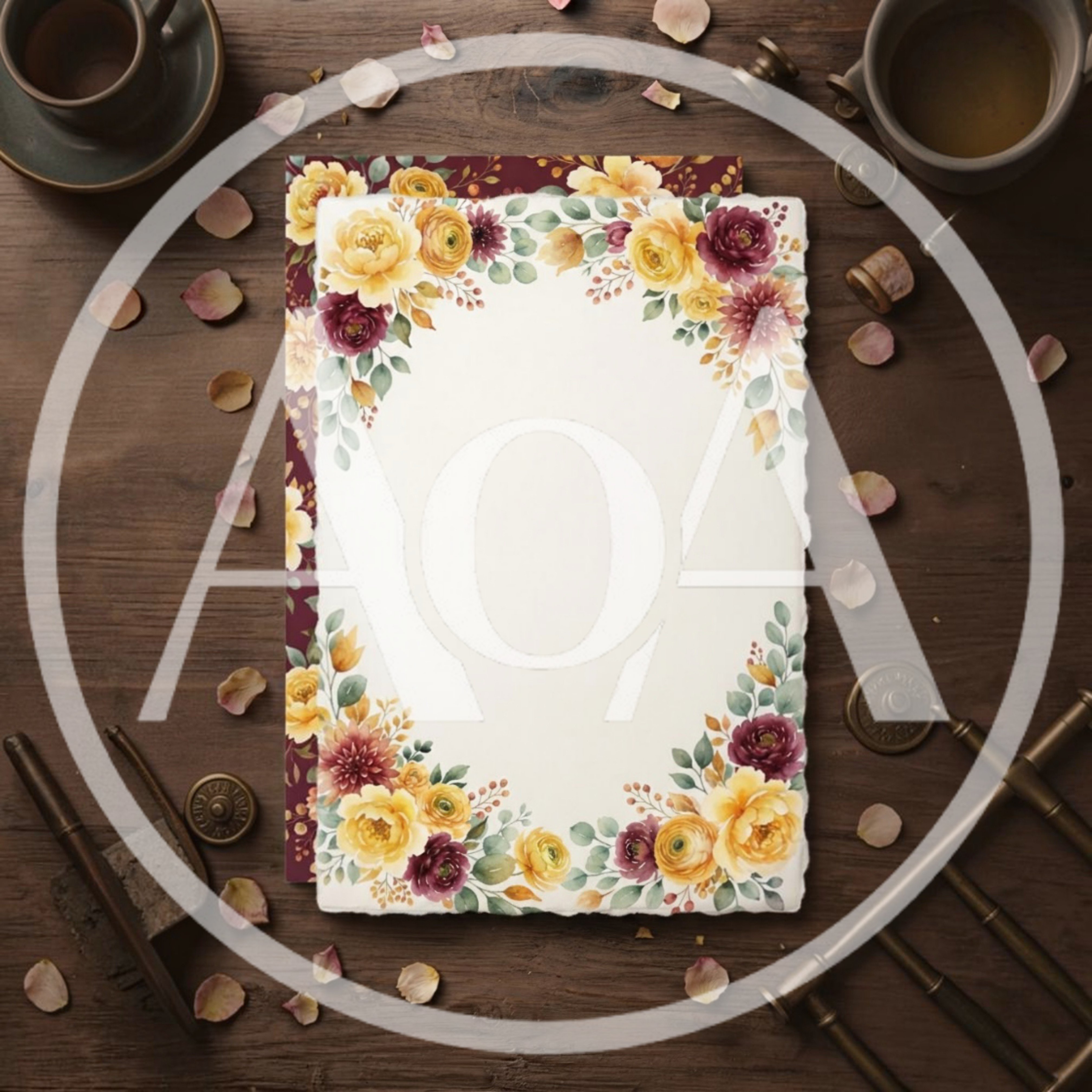 Floral Stationery Mockup On Rustic Wooden Table