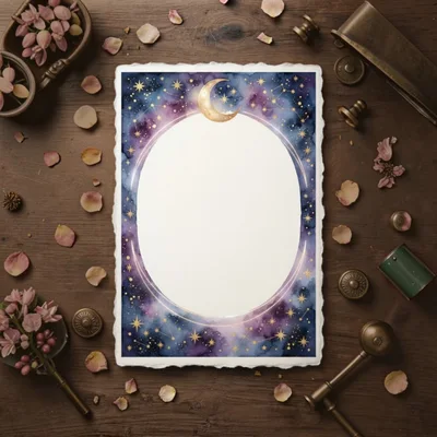 Celestial Themed Blank Paper Frame on Wooden Table
