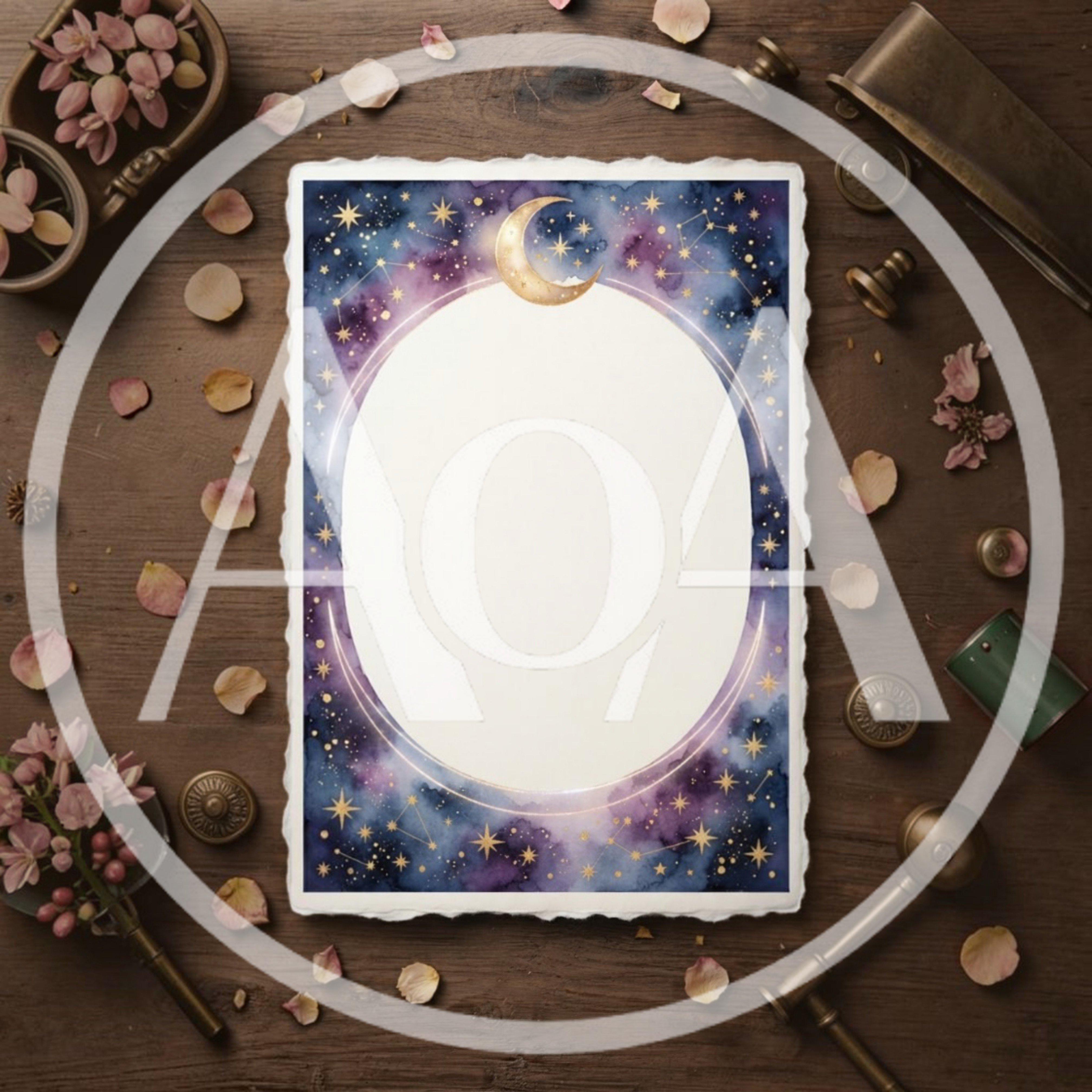 Celestial Themed Blank Paper Frame on Wooden Table
