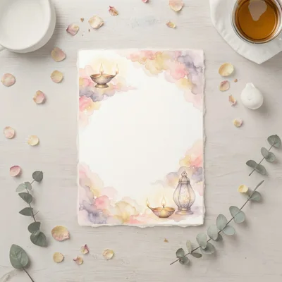 Diwali Greeting Card Mockup With Watercolor Clouds And Diyas