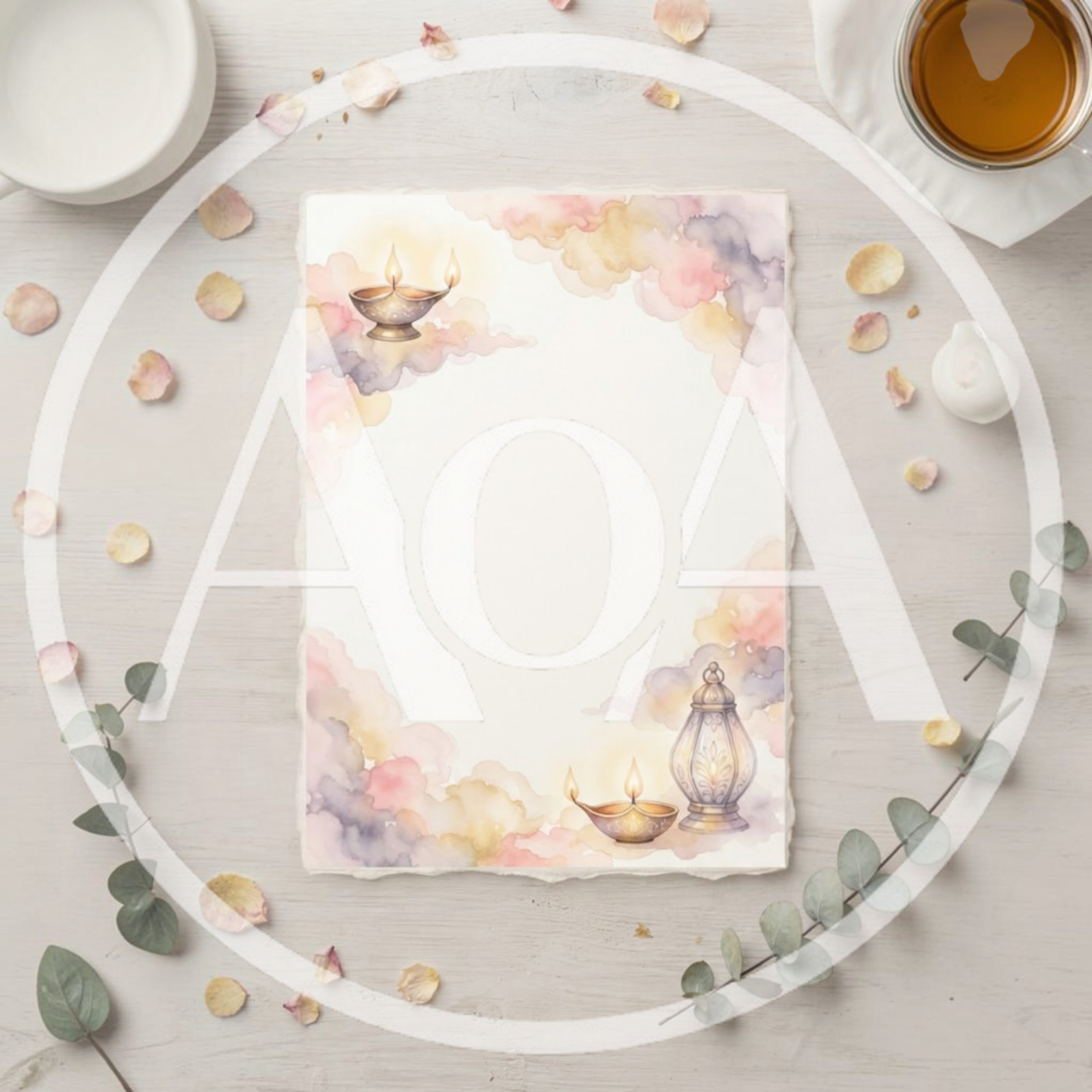Diwali Greeting Card Mockup With Watercolor Clouds And Diyas