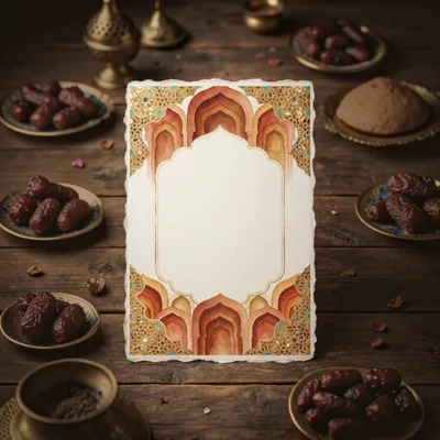 Ramadan Greeting Card With Dates On Wooden Table
