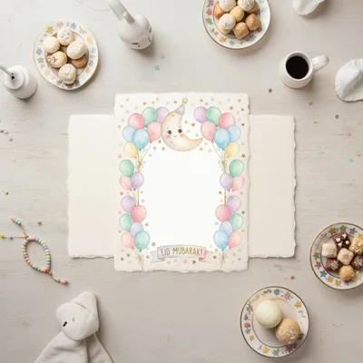 Eid Mubarak Greeting Card With Balloons And Moon Illustration