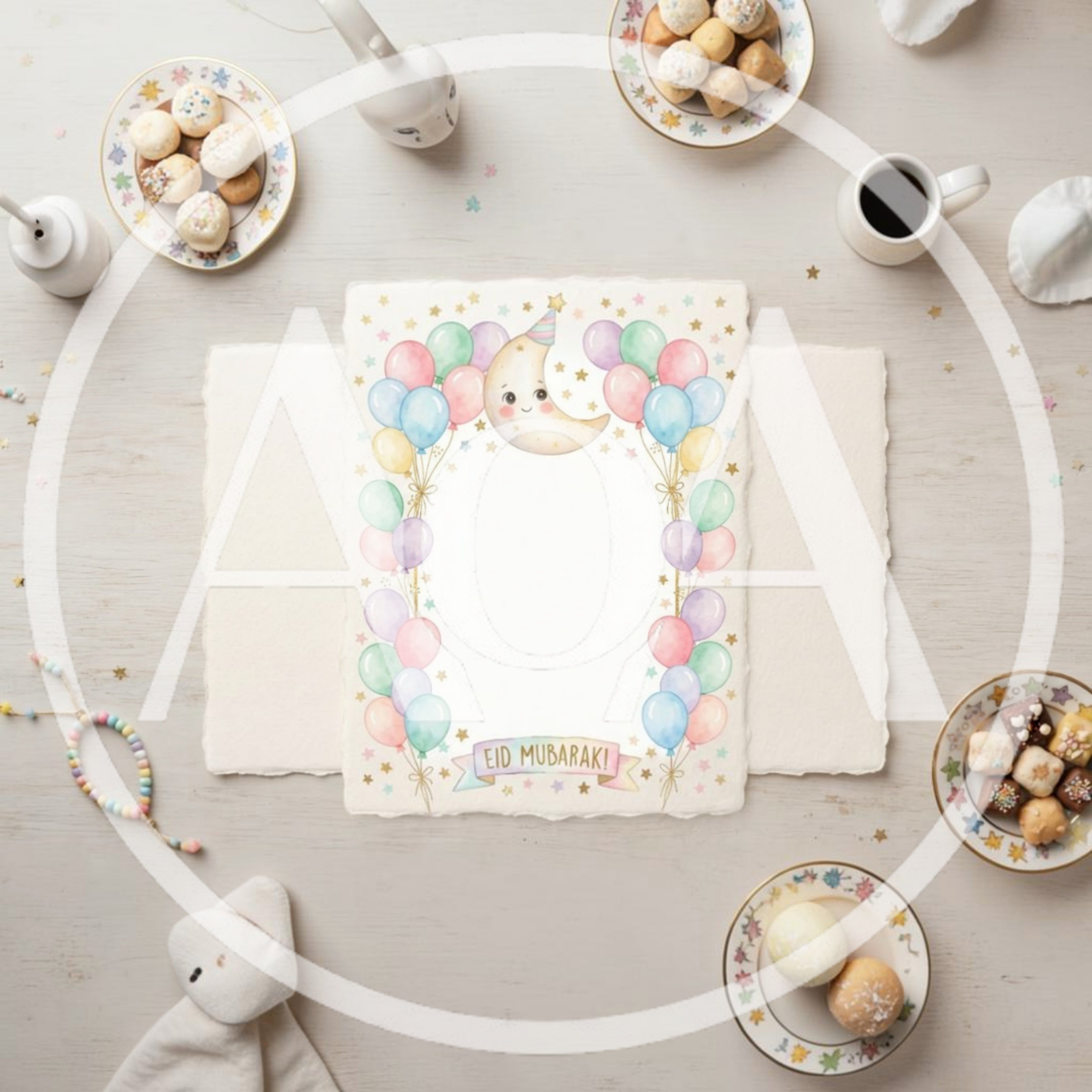 Eid Mubarak Greeting Card With Balloons And Moon Illustration