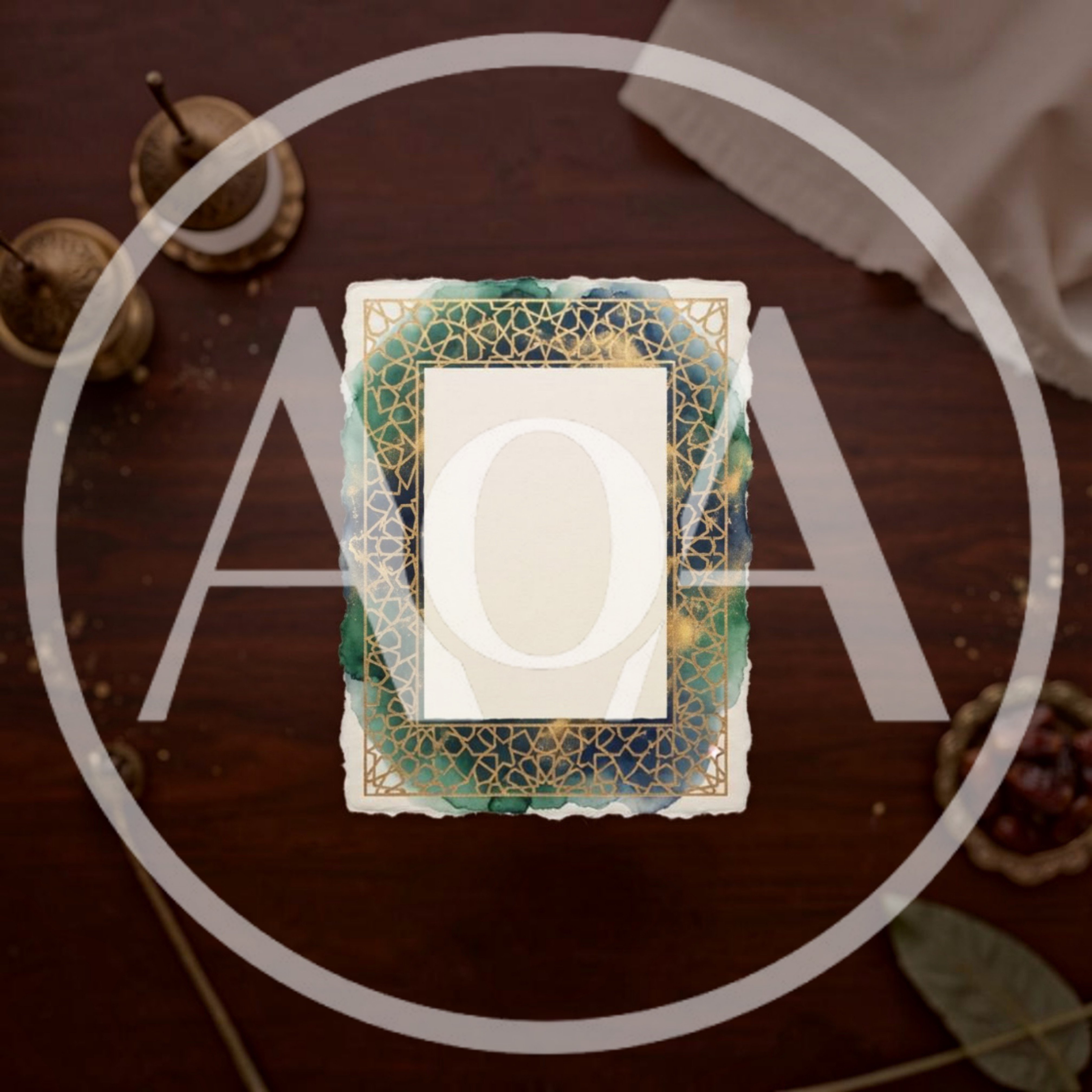 Blank Decorative Islamic Frame on Dark Wooden Table