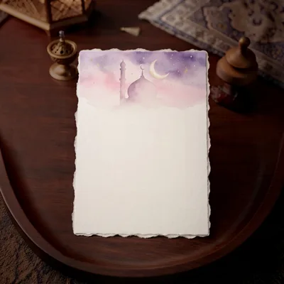 Blank Watercolor Mosque Illustration Card on Wooden Tray