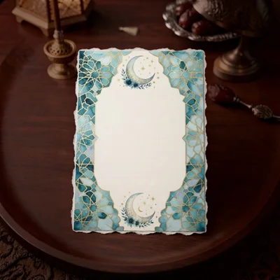 Blank Decorative Islamic Greeting Card On Wooden Tray