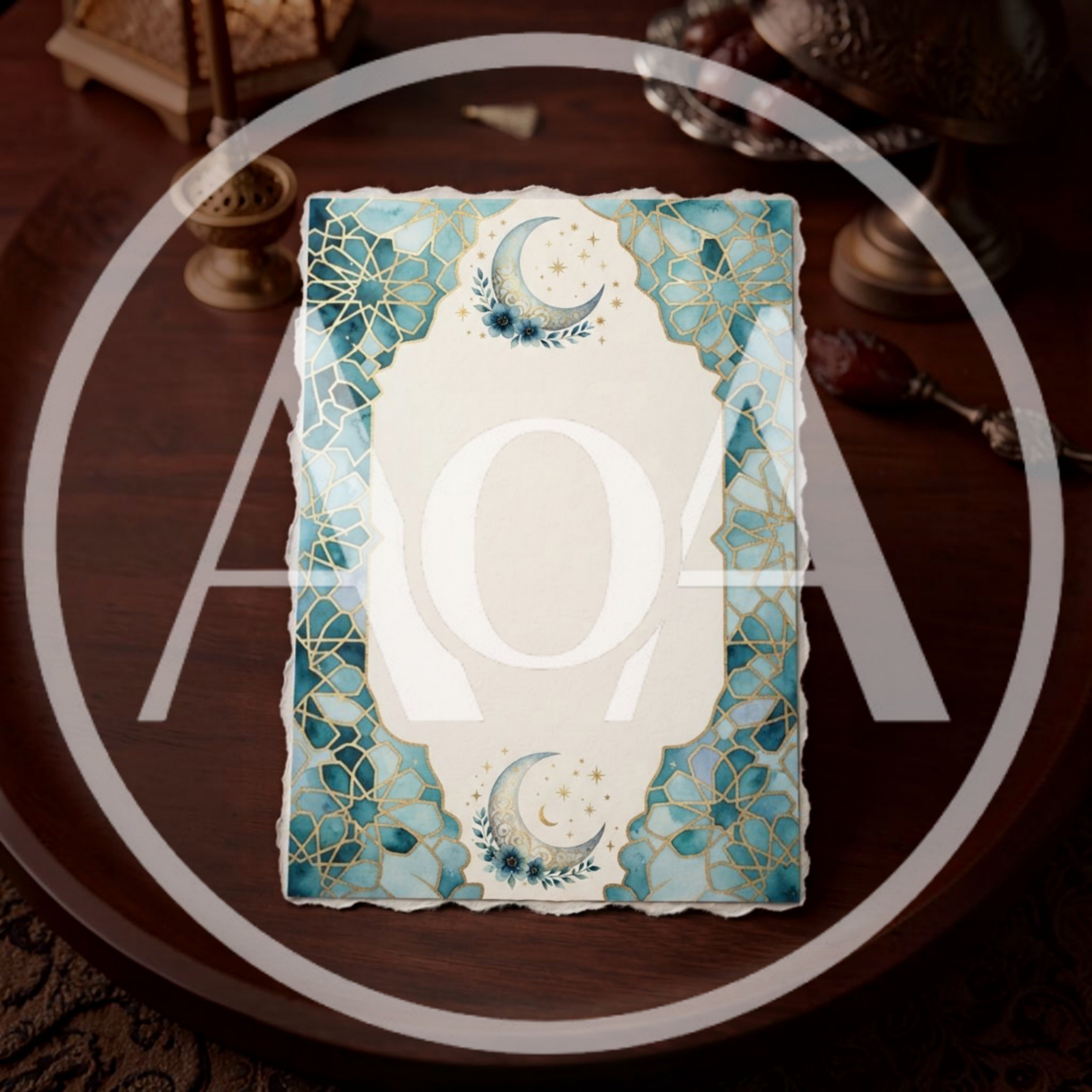 Blank Decorative Islamic Greeting Card On Wooden Tray
