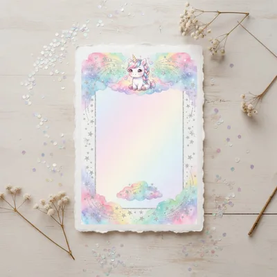 Unicorn Themed Blank Stationery Paper With Pastel Clouds