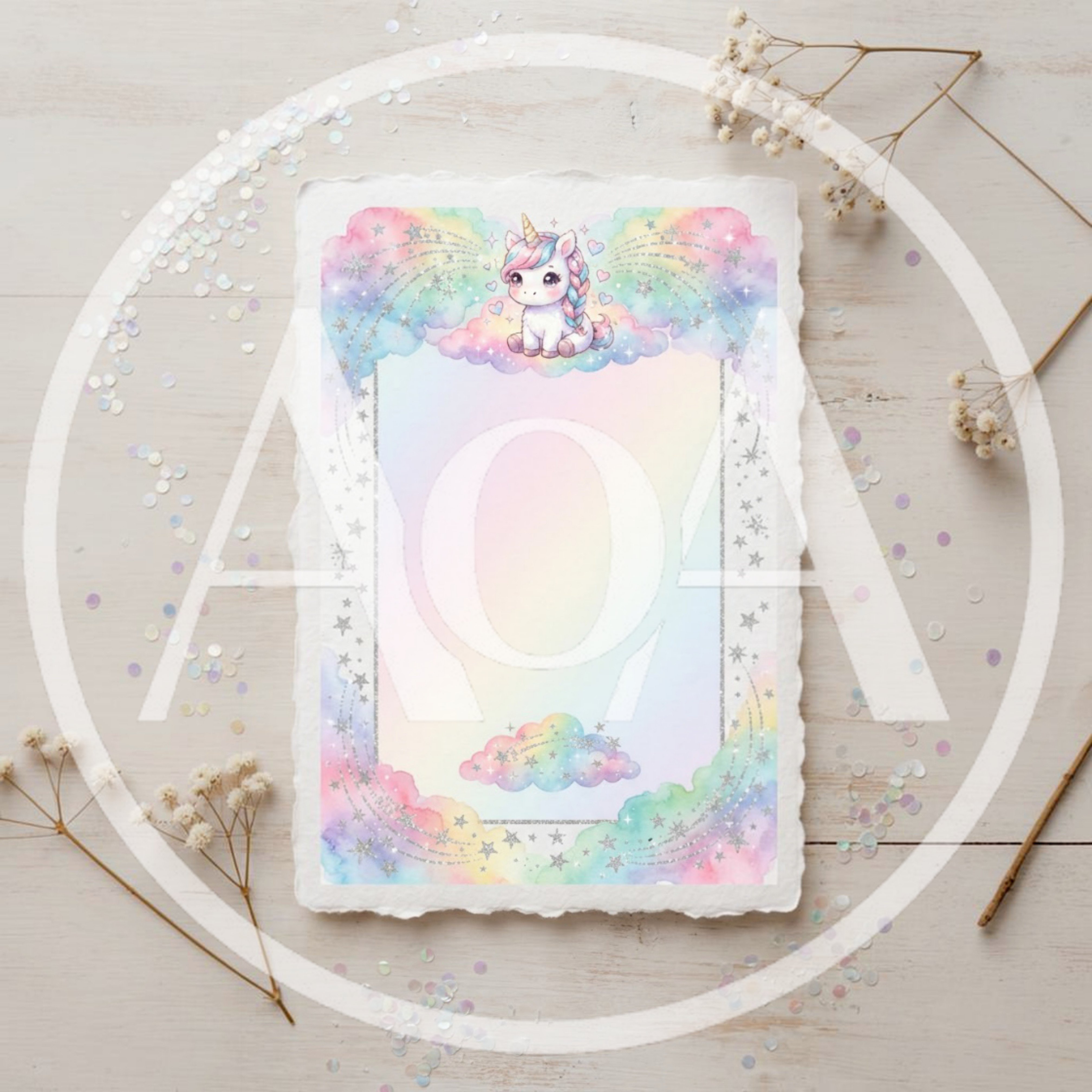 Unicorn Themed Blank Stationery Paper With Pastel Clouds