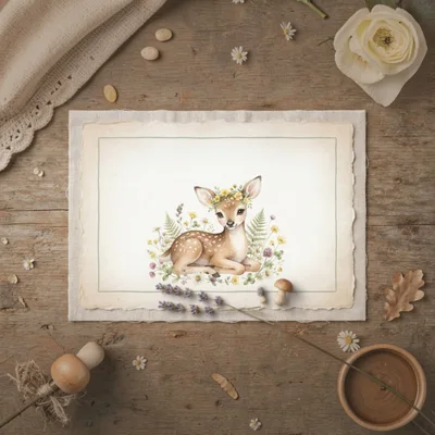 Watercolor Illustration Of A Fawn On Rustic Paper