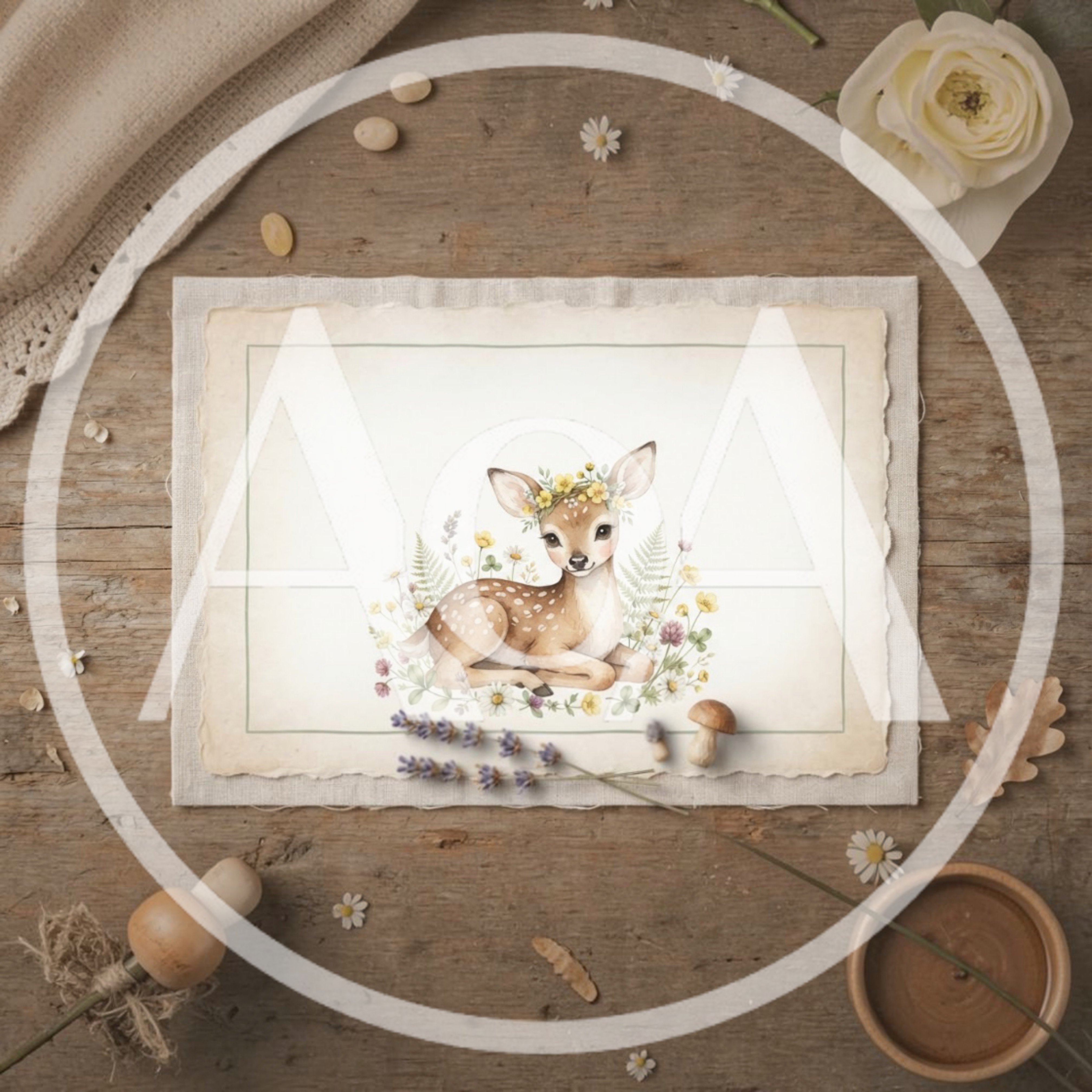 Watercolor Illustration Of A Fawn On Rustic Paper